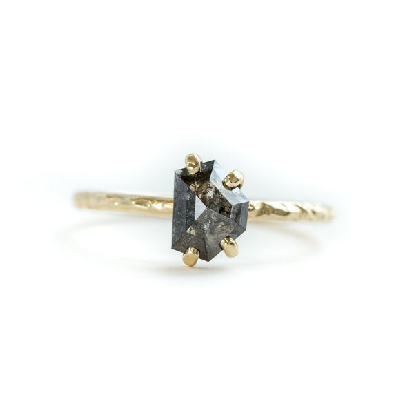 evergreen collection black smoky galaxy geometric rosecut diamond prong setting dainty yellow gold engagement ring