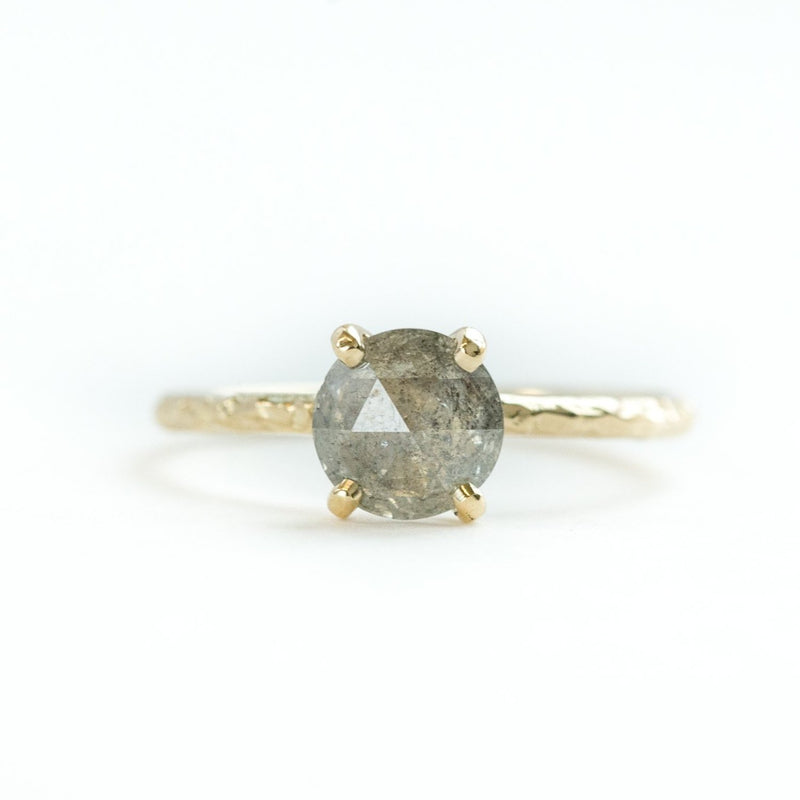 smoky grey galaxy rosecut diamond prong setting yellow gold dainty engagement ring