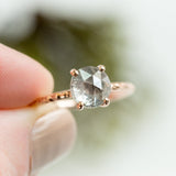 silver salt and pepper rosecut prong setting grey diamond hand carved galaxy rose gold dainty engagement ring