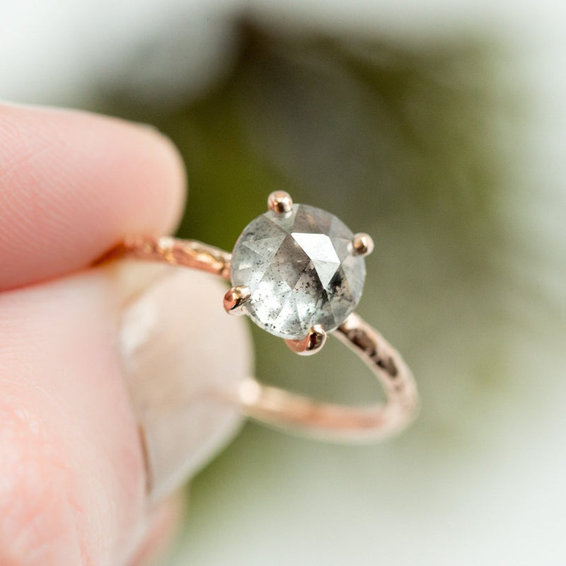 evergreen collection silver salt and pepper rosecut prong setting grey diamond hand carved galaxy rose gold dainty engagement ring