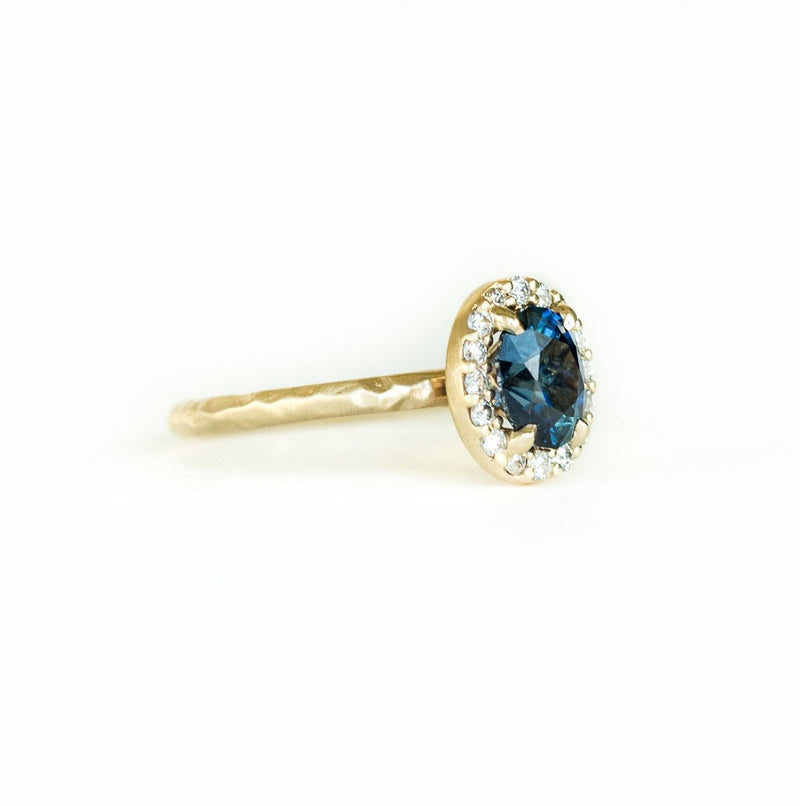 1.32ct Royal Blue Oval Sapphire Halo Ring - Evergreen Carved Band in a Satin Finish 14k Yellow Gold