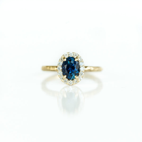 1.32ct Royal Blue Oval Sapphire Halo Ring - Evergreen Carved Band in a Satin Finish 14k Yellow Gold