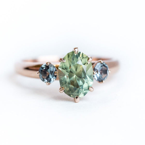 three stone green sapphire gemstone hand carved rose gold engagement ring anueva jewelry