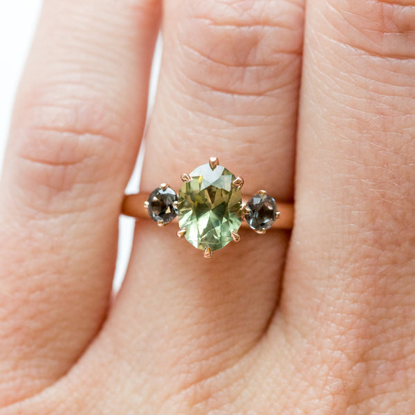 three stone green sapphire gemstone hand carved rose gold engagement ring anueva jewelry