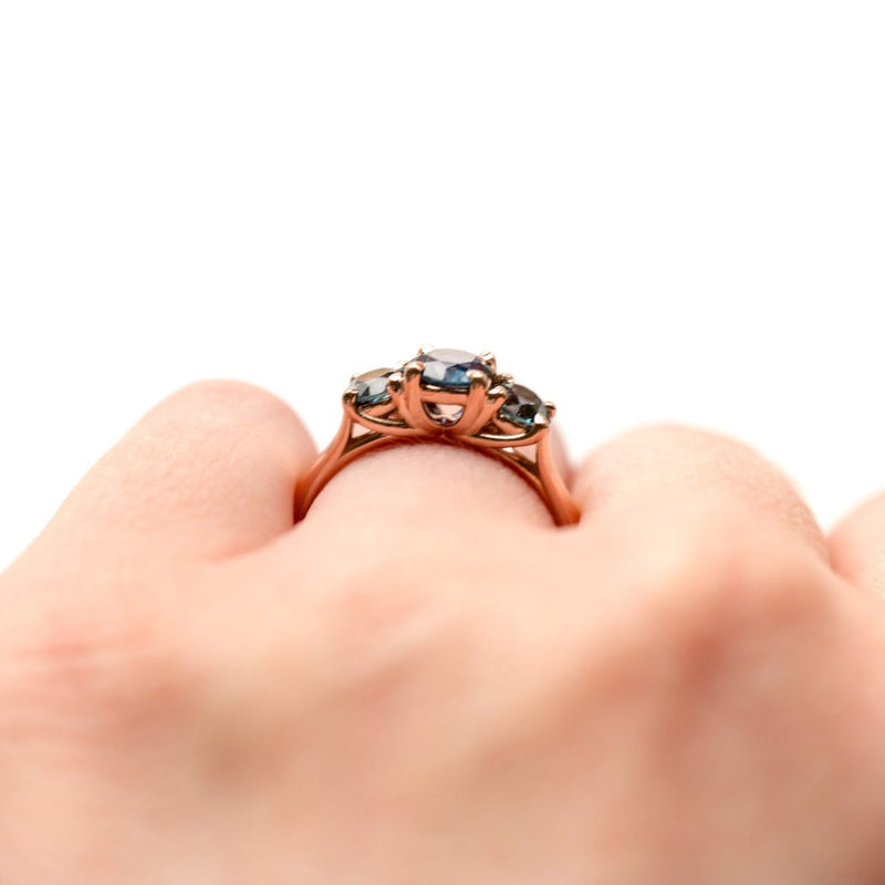 Three-Stone Montana Sapphire Ring in Rose Gold - Traditional Prong Set Sapphire Engagement Ring by Anueva Jewelry