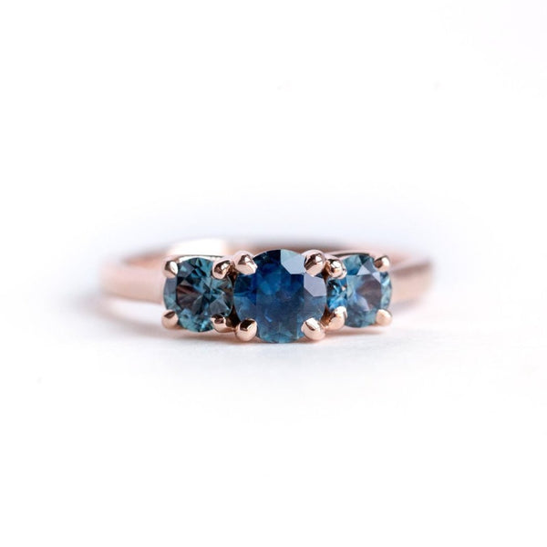 Three-Stone Montana Sapphire Ring in Rose Gold - Traditional Prong Set Sapphire Engagement Ring by Anueva Jewelry