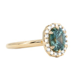 1.42ct Seafoam Teal Green Modern Oval Brilliant Montana Sapphire with Stackable Diamond Halo in 14k Yellow Gold