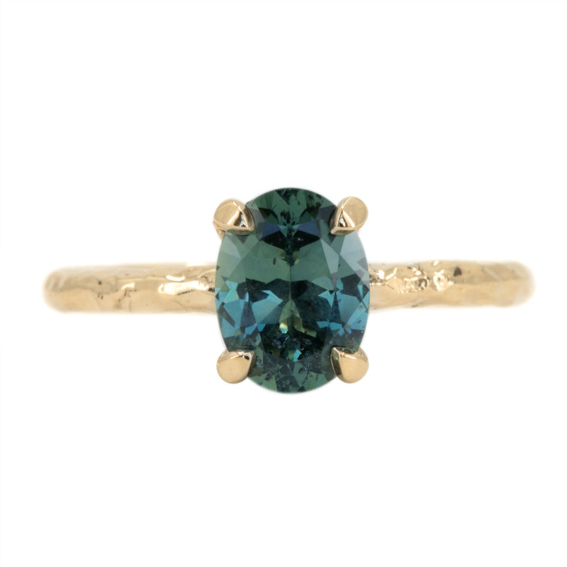 1.45ct Blue Oval Sapphire Evergreen Solitaire Ring in 14k Yellow Gold