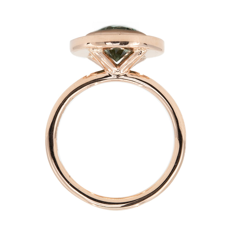 1.95ct Teal Montana Sapphire With Bezel Set Diamond Halo In 14k Rose Gold profile