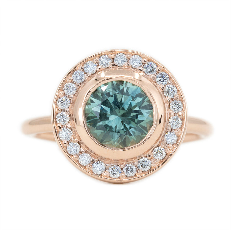 1.95ct Teal Montana Sapphire With Bezel Set Diamond Halo In 14k Rose Gold