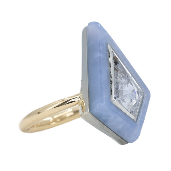 2.39 Kite Rosecut Diamond and Blue Agate Gemstone Halo Ring in Two Tone Gold side angle