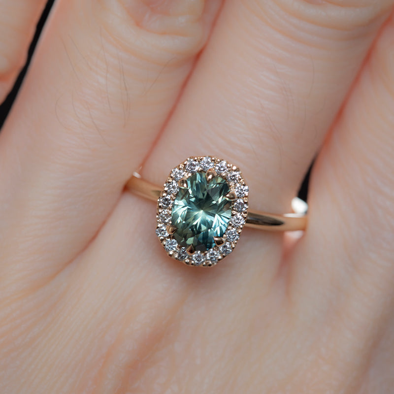 1.42ct Seafoam Teal Green Modern Oval Brilliant Montana Sapphire with Stackable Diamond Halo in 14k Yellow Gold