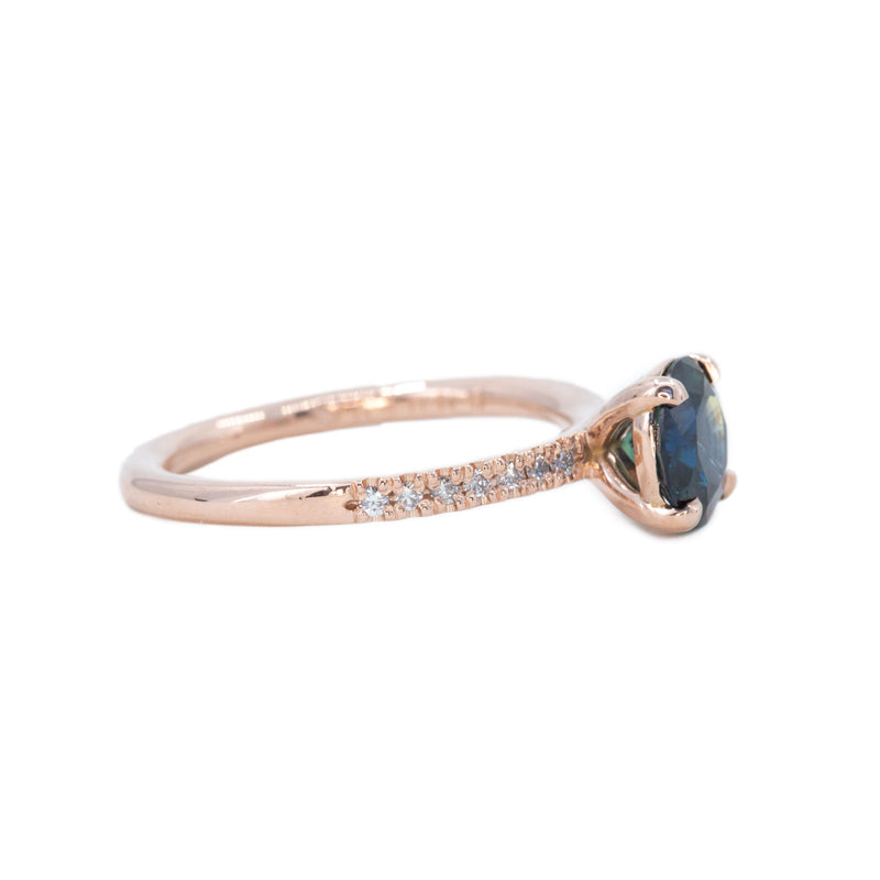 1.30ct Blue Australian Sapphire Solitaire Ring with Diamonds in 14k Rose Gold
