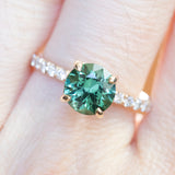 1.47ct Teal Green Tourmaline Solitaire Ring  with Diamonds in 14k Yellow Gold
