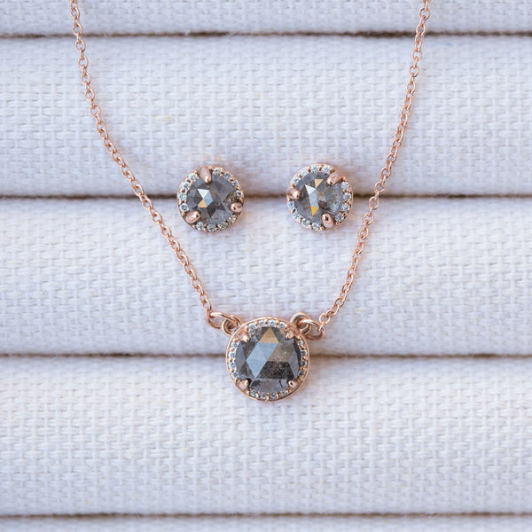 Rosecut Diamond Necklace and Earrings Set - Galaxy black salt and pepper rosecut diamond jewelry in rose gold diamond halo by Anueva Jewelry
