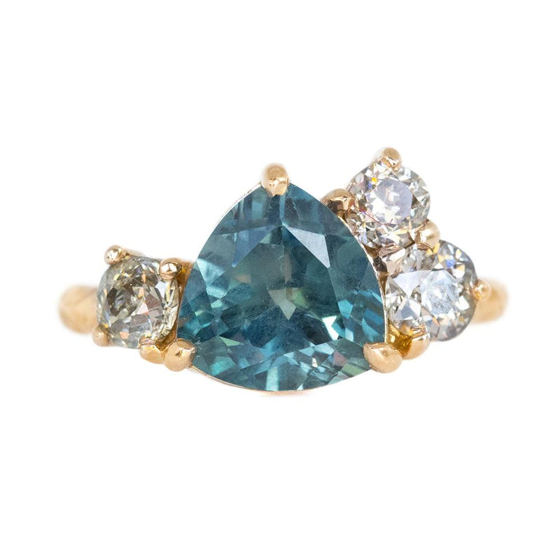3.5ct Trillion Montana Sapphire Low Profile Antique Diamond Cluster Ring Set in 14K Rose Gold