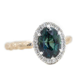 3.07ct Oval Deep Teal Green Blue Madagascar Sapphire Low Profile Six Prong Halo in Platinum and 14k Yellow Gold