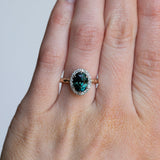 3.07ct Oval Deep Teal Green Blue Madagascar Sapphire Low Profile Six Prong Halo in Platinum and 14k Yellow Gold