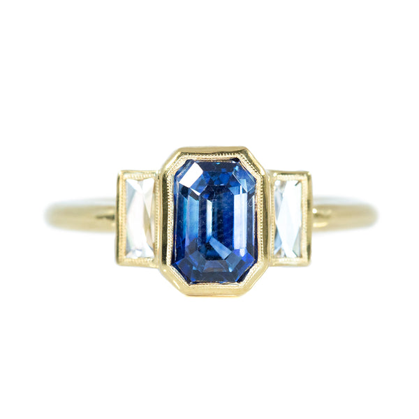 2.37ct Emerald Cut Sapphire with French Cut Baguette Diamond Ring in 18k Yellow Milgrain Bezel