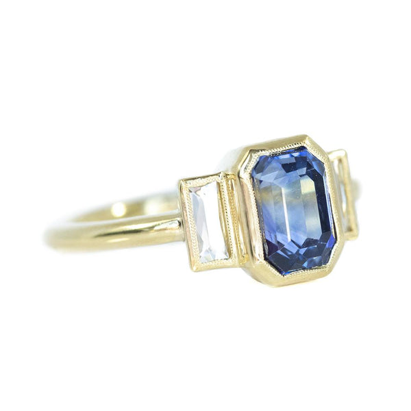 2.37ct Emerald Cut Sapphire with French Cut Baguette Diamond Ring in 18k Yellow Milgrain Bezel