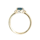 Teal Blue Three Stone Ring featuring 1.15ct cushion sapphire and diamonds in East-West setting