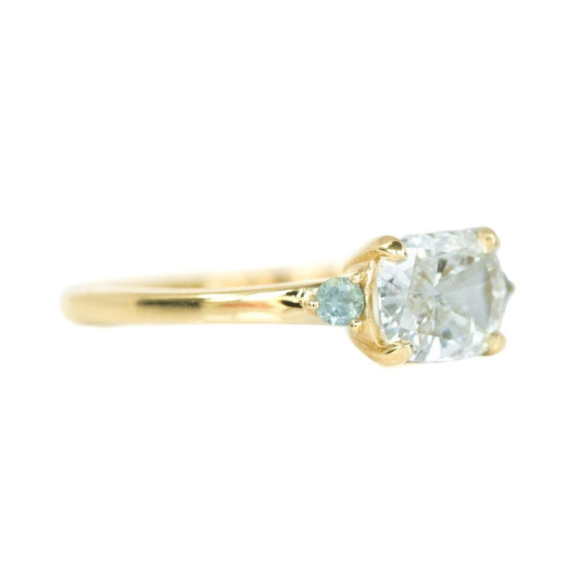 Three Stone Ring featuring 1.06 reclaimed cushion diamond in East-West setting