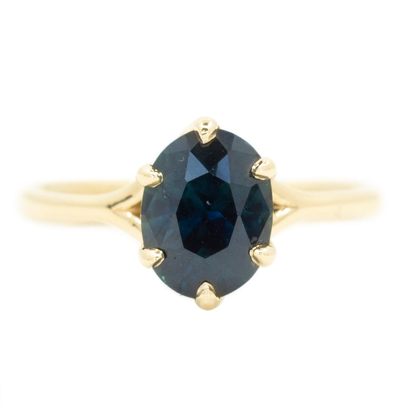 2.34ct Oval Deep Blue Sapphire Six Prong Split Shank Solitaire In 14k Yellow Gold