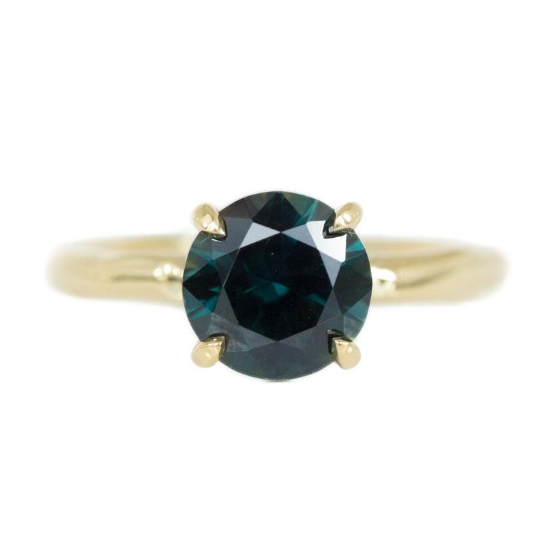 2.66 round deep teal blue green sapphire Alluvial solitaire ring in 18k yellow gold