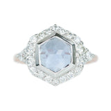 2.15ct hexagon rosecut Montana Sapphire ring in prong set halo with tapered white diamonds