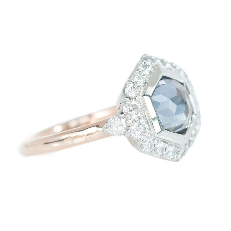 2.15ct hexagon rosecut Montana Sapphire ring in prong set halo with tapered white diamonds