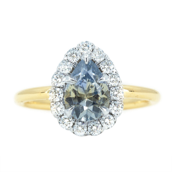 1.39ct Pear Parti Montana Sapphire and Scalloped Diamond Halo Ring In Two Tone Gold