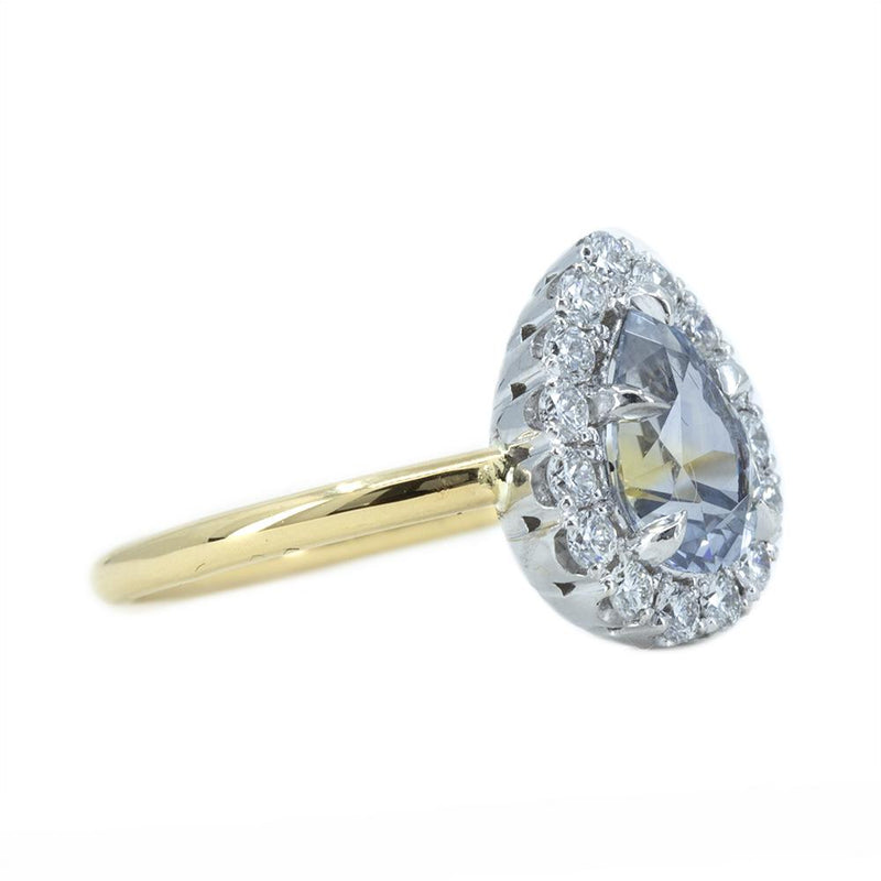 1.39ct Pear Parti Montana Sapphire and Scalloped Diamond Halo Ring In Two Tone Gold