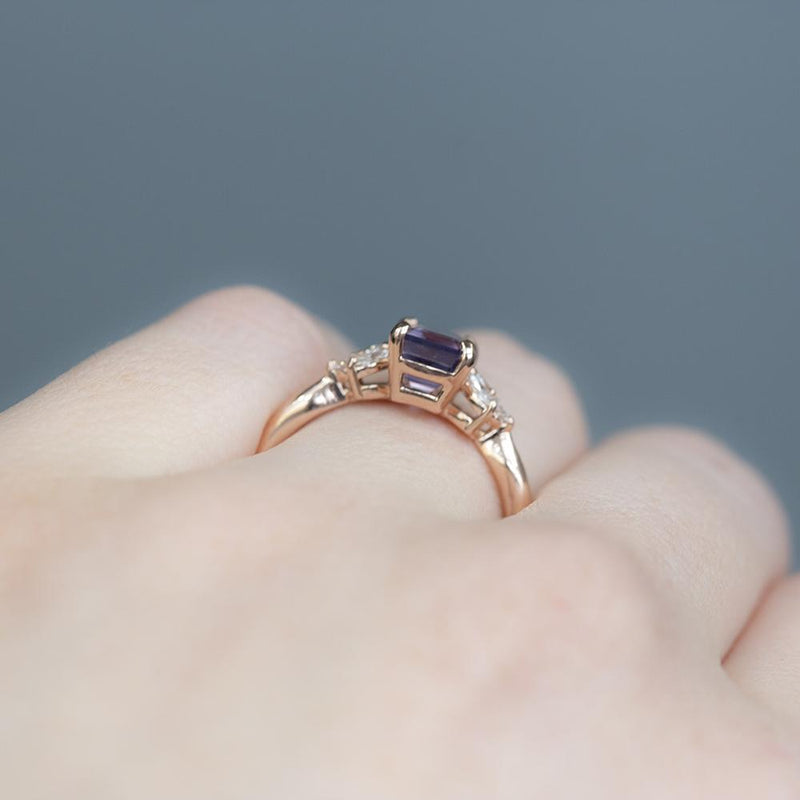 1.68ct Pink Emerald Cut Sapphire With Cluster Diamond Side Ring In 14k Rose Gold