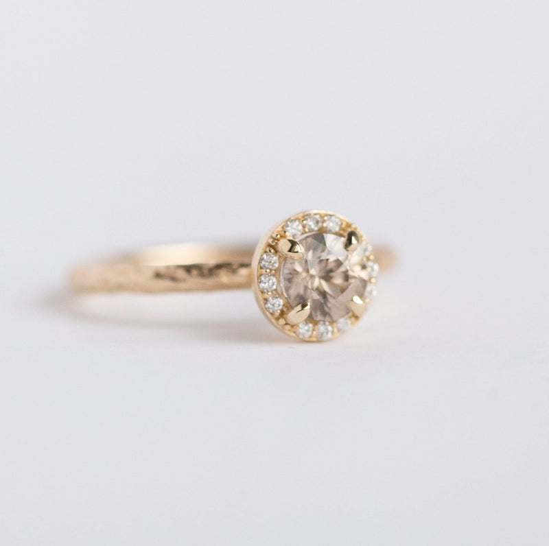 Diamond & Champagne Zircon Engagement Ring - Hand Carved Recycled Yellow Gold Earthy Setting - Ring by Anueva Jewelry