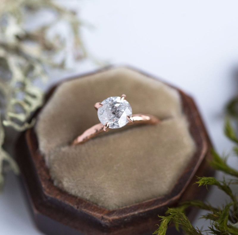 evergreen collection salt and pepper diamond solitaire ring, recycled rose gold in handmade carved ring band