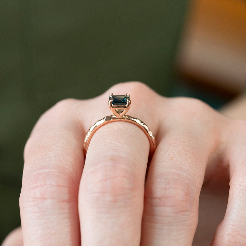 0.90ct Australian Square Cut Sapphire Evergreen Solitaire in 14k Rose Gold on hand