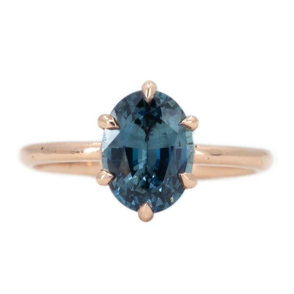 2.08ct Oval Silvery Teal Blue Montana Sapphire Lotus Six Prong Solitaire In 14k Rose Gold
