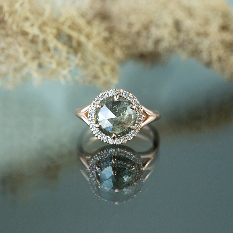 3.31ct Green-Grey Rosecut Diamond in Rose Gold Low Profile Split Shank Halo