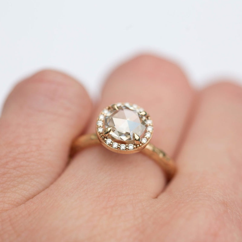 Rosecut Moissanite in Yellow Gold Diamond Halo - Hand Carved Eclectic Band and Antique-inspired setting - Rosecut Engagement Ring by Anueva Jewelry