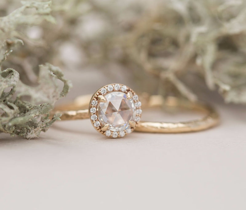 Rosecut Moissanite in Yellow Gold Diamond Halo - Hand Carved Eclectic Band and Antique-inspired setting - Rosecut Engagement Ring by Anueva Jewelry
