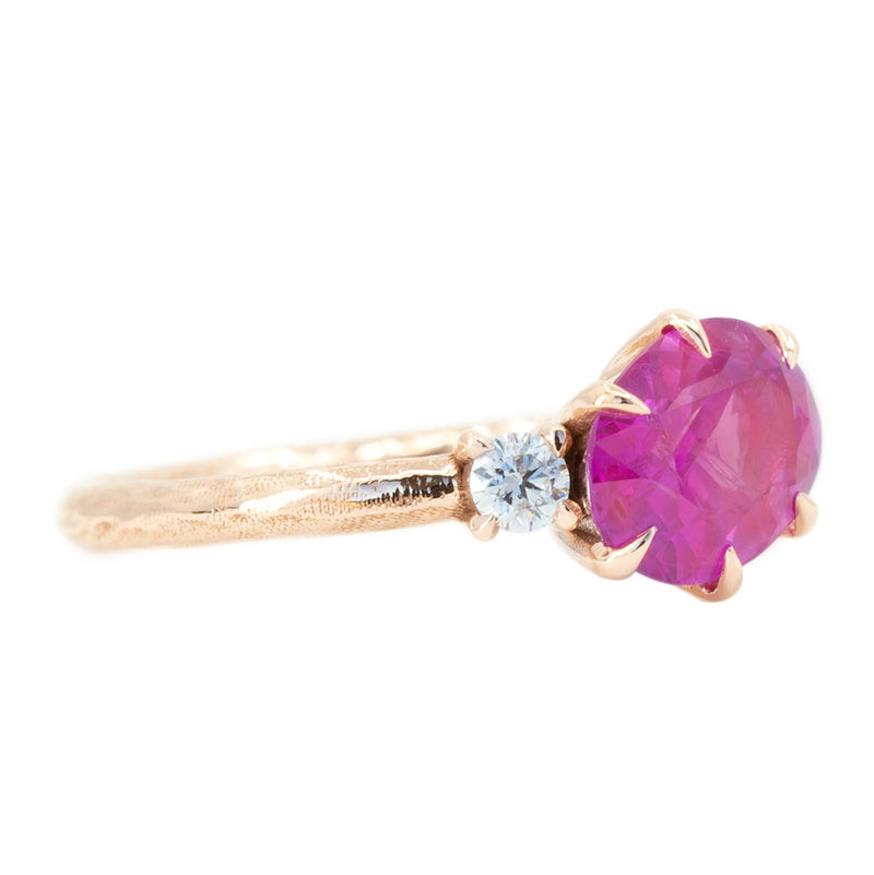 1.61ct Oval Neon Pink Sapphire and Diamond Asymmetrical Ring in 14k Rose Gold side view