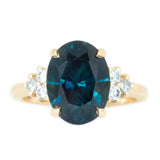 5.15ct Oval Deep Teal Sapphire and Diamond Cluster Ring in 14k Yellow Gold