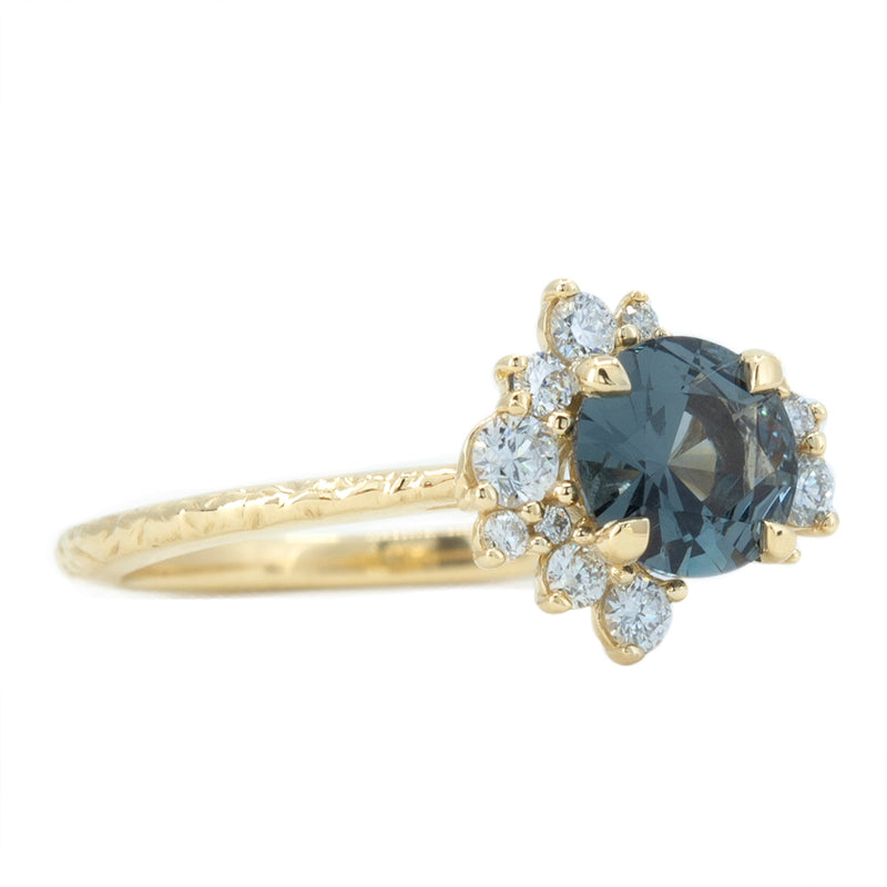 0.94ct Dark Grey and Teal Blue Spinel Asymmetrical Diamond Cluster Ring in 14k Yellow Gold