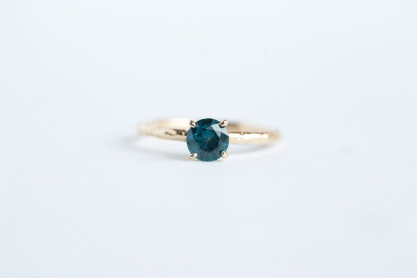 Teal Blue Montana Sapphire Solitaire Ring - Organic Carved Yellow Gold Prong Setting - Teal Mermaid Sapphire -  Unique Engagement Ring by Anueva