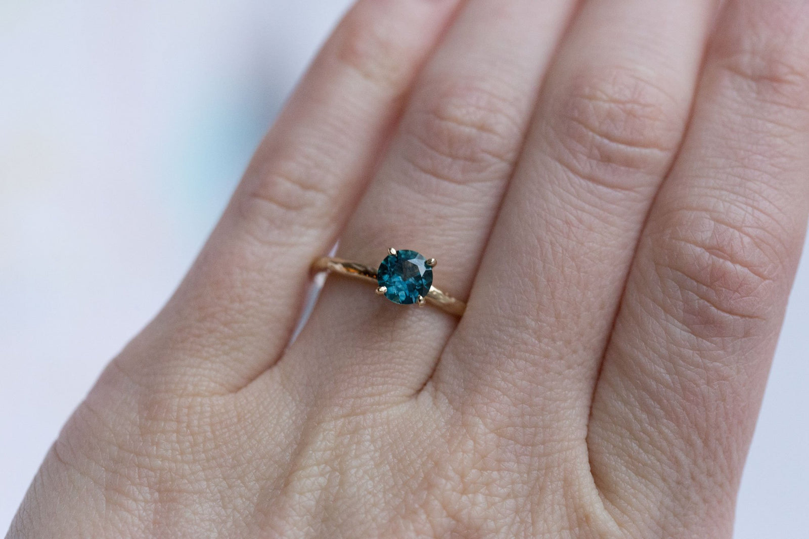 Teal Blue Montana Sapphire Solitaire Ring Organic Carved Yellow Gold Anueva Jewelry
