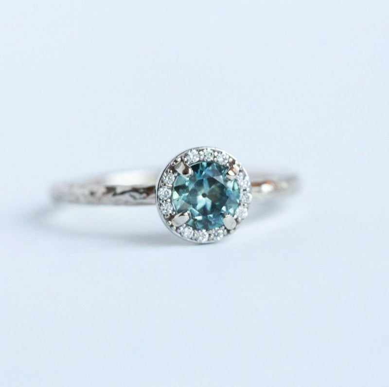Light Teal Montana Sapphire in White Gold Diamond Halo - Hand Carved Eclectic Band and Antique-inspired setting - Sapphire Engagement Ring by Anueva Jewelry