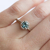 Light Teal Montana Sapphire in White Gold Diamond Halo - Hand Carved Eclectic Band and Antique-inspired setting - Sapphire Engagement Ring by Anueva Jewelry