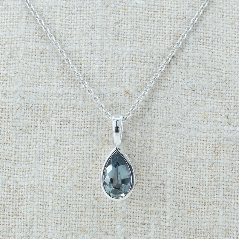 2.22ct Pear Tanzanian Sapphire, Grey Blue, Bezel Set Necklace In 14k White Gold