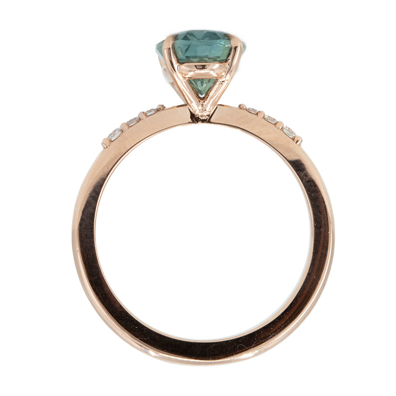 2.50ct Teal Montana Sapphire Solitaire with Tapered Diamonds in 14k Rose Gold