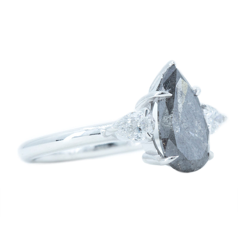 2.10ct Pear Deep Grey Salt And Pepper Diamond Three Stone Ring with White Diamond Sides in 14k White Gold